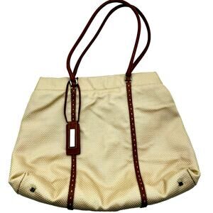 ANTONIO MELANI Tan Brown Canvas Purse Handbag Shoulder‎ Tote Faux Leather Trim